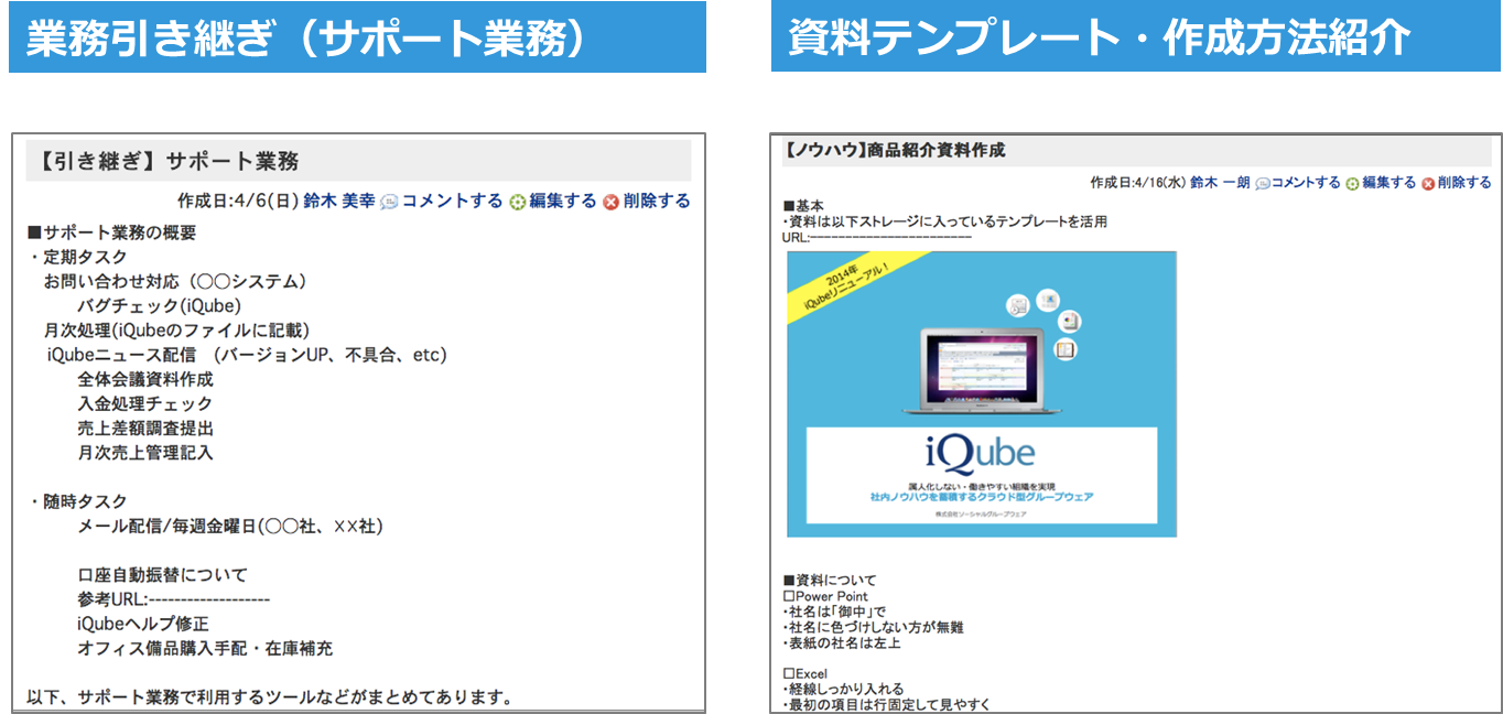 (左)「業務引継ぎマニュアル」作成例　(右)資料テンプレート作成例