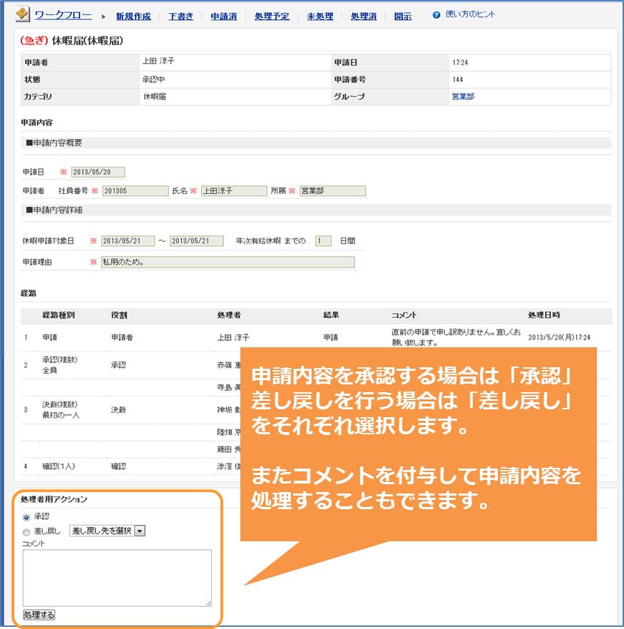 ワークフロー申請画面